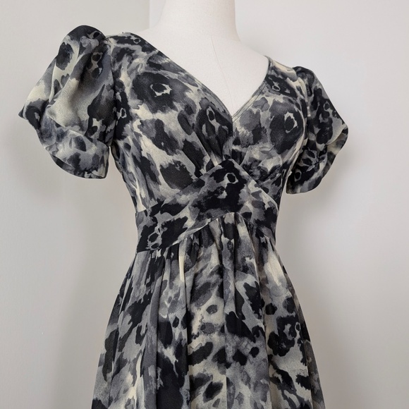 Abstract Mini Dress Sweetheart Neckline Puff Sleeves A-line Empire Waist - Picture 3 of 12